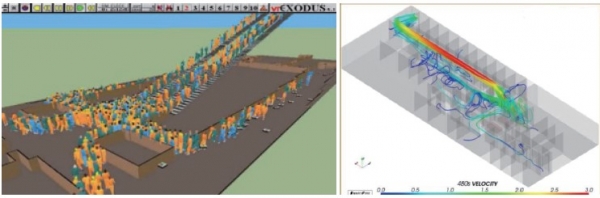 EXODUS 시뮬레이션 화면과 SMARTFIRE 연기 해석